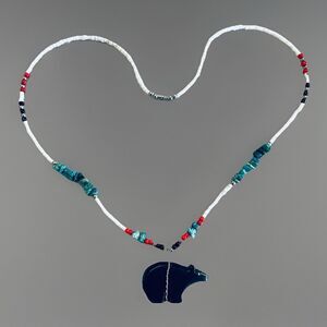 Vintage Shell Heishi Bead Necklace w/ Turquoise Nuggets & Carved Bear Pendant